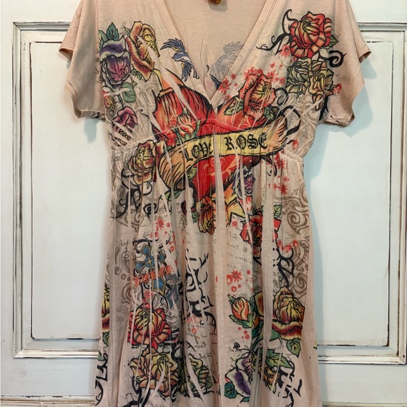 Press Apparel Dresses & Skirts - Tan and Red Graphic Midi Dress with T-Shirt Sleeves